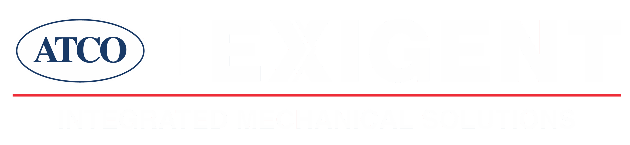 Co-branded ATCO and Exigent logo. The ATCO oval logo is on the left, followed by a vertical line and the bold word ‘Exigent.’ A thin red line sits underneath with the text ‘Integrated Mechanical Solutions.