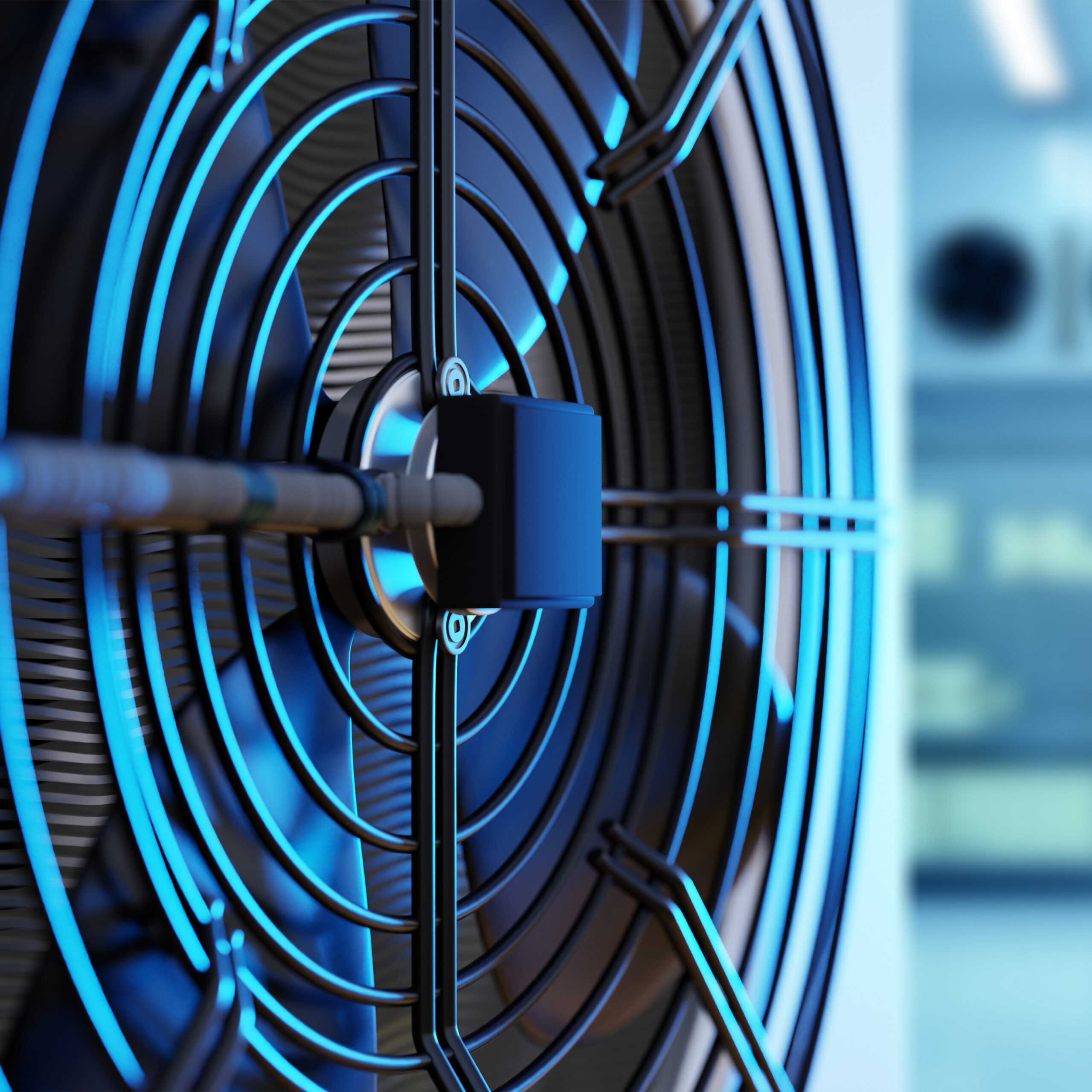 Close-up of a large industrial cooling fan